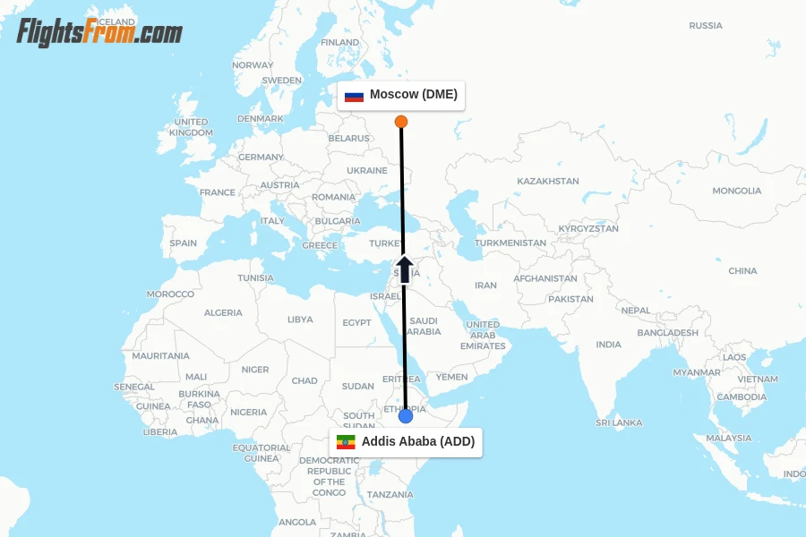 Flights from Addis Ababa to Moscow route map