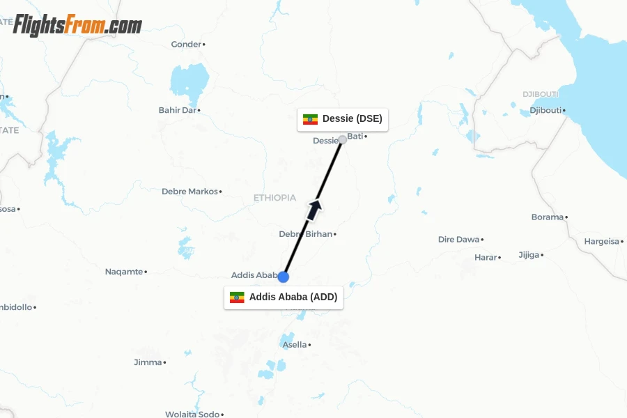 Flights from Addis Ababa to Dessie route map