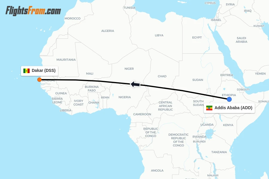 Flights from Addis Ababa to Dakar route map