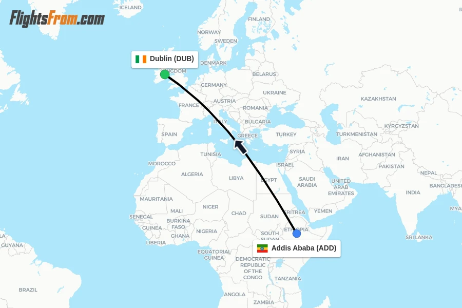 Flights from Addis Ababa to Dublin route map