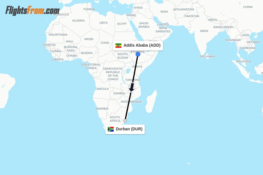 Flights from Addis Ababa to Durban route map