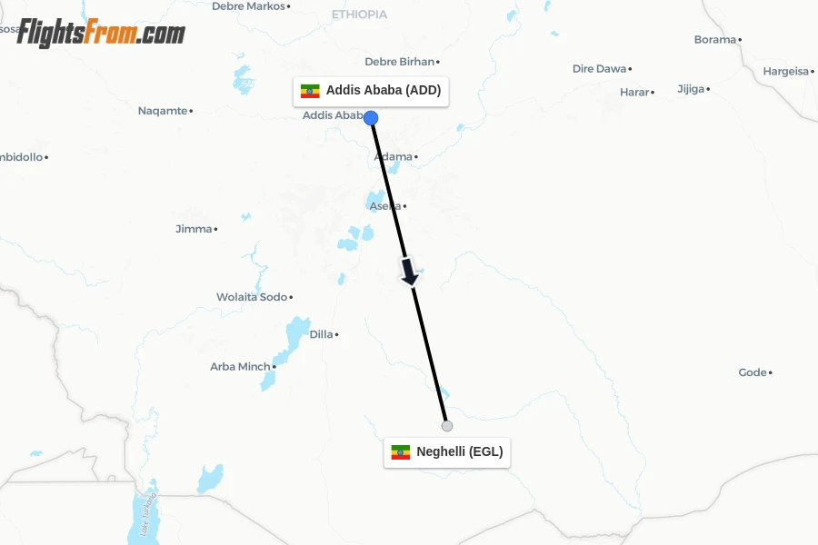 Flights from Addis Ababa to Neghelli route map