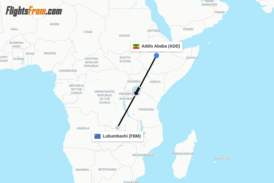 Flights from Addis Ababa to Lubumbashi route map