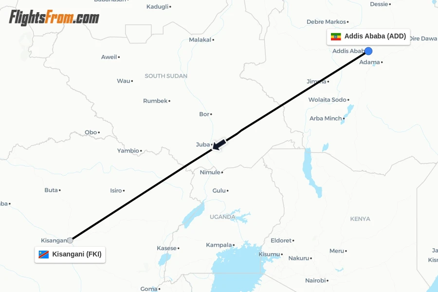 Flights from Addis Ababa to Kisangani route map