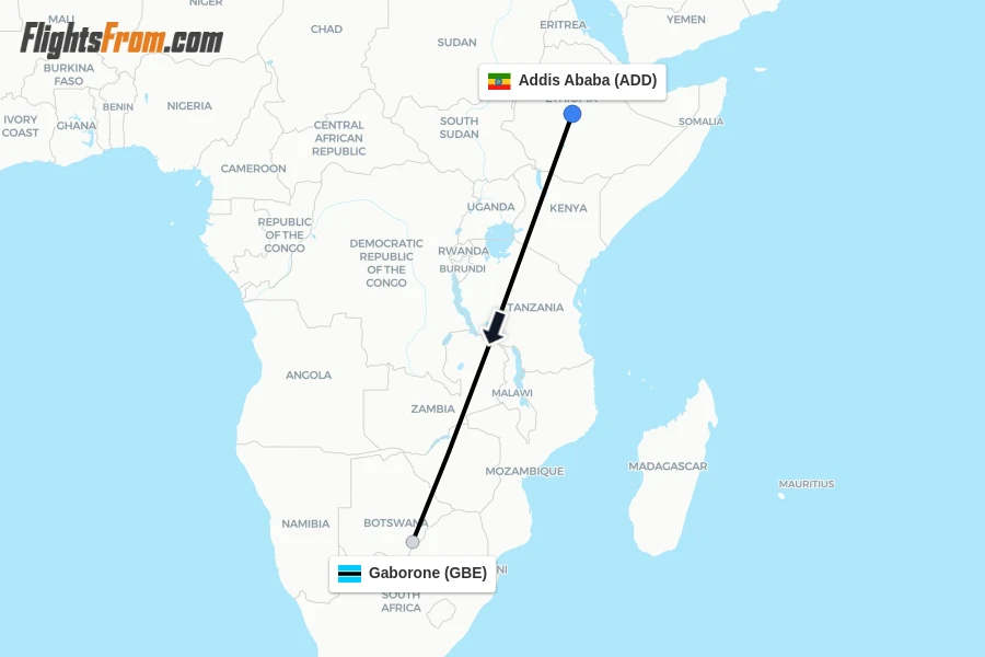 Flights from Addis Ababa to Gaborone route map