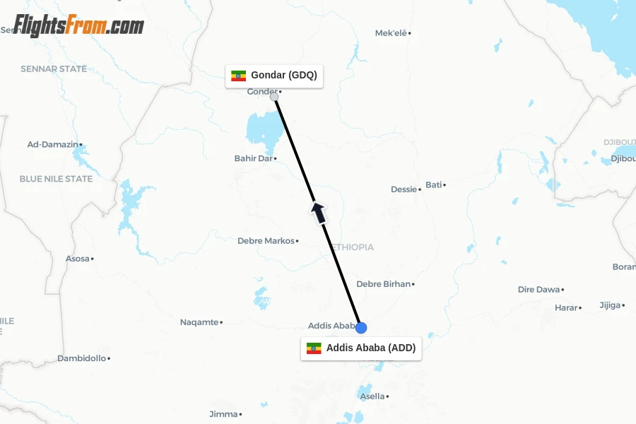 Flights from Addis Ababa to Gondar route map