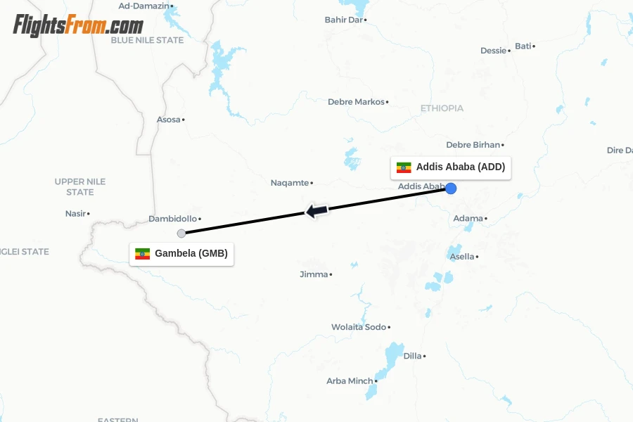 Flights from Addis Ababa to Gambela route map