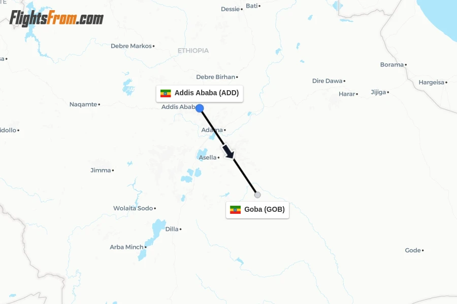 Flights from Addis Ababa to Goba route map