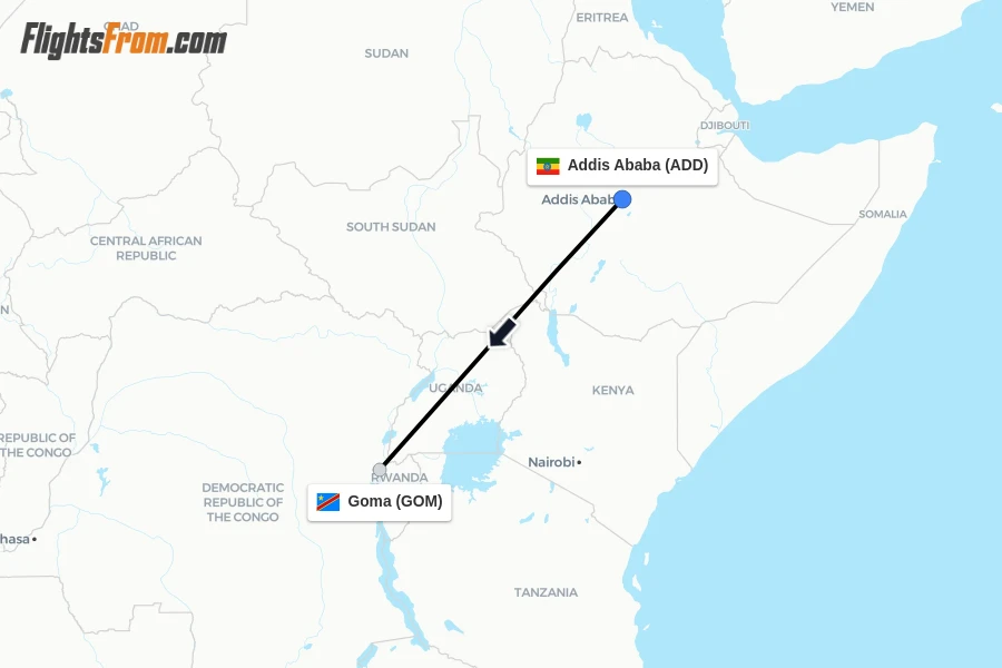 Flights from Addis Ababa to Goma route map
