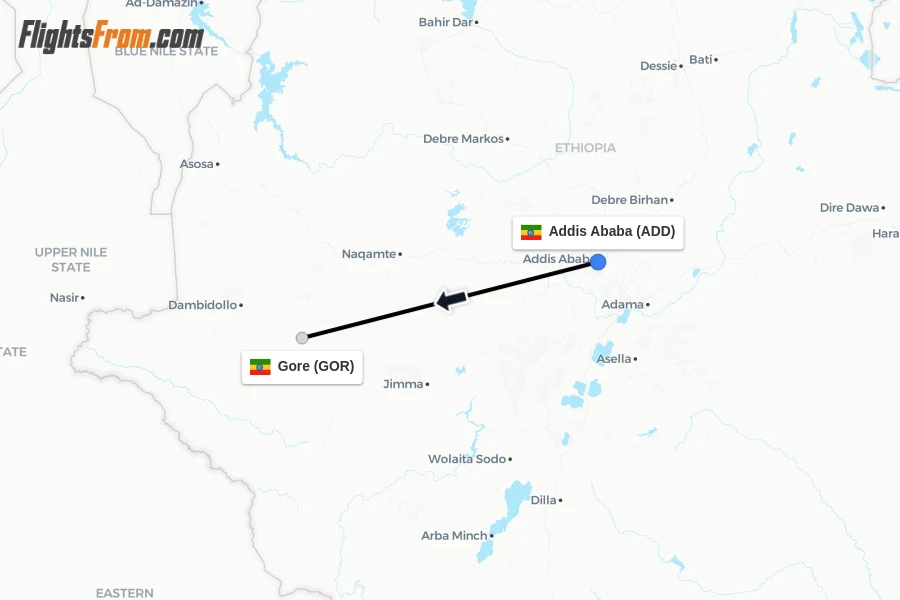 Flights from Addis Ababa to Gore route map