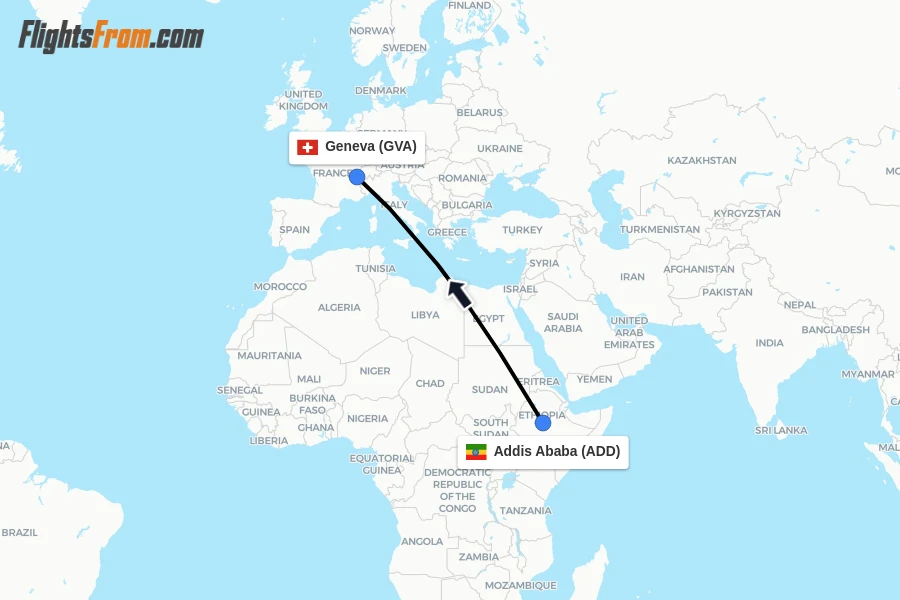 Flights from Addis Ababa to Geneva route map