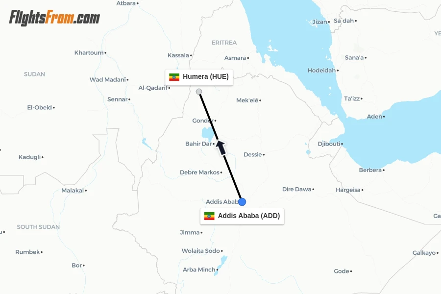 Flights from Addis Ababa to Humera route map