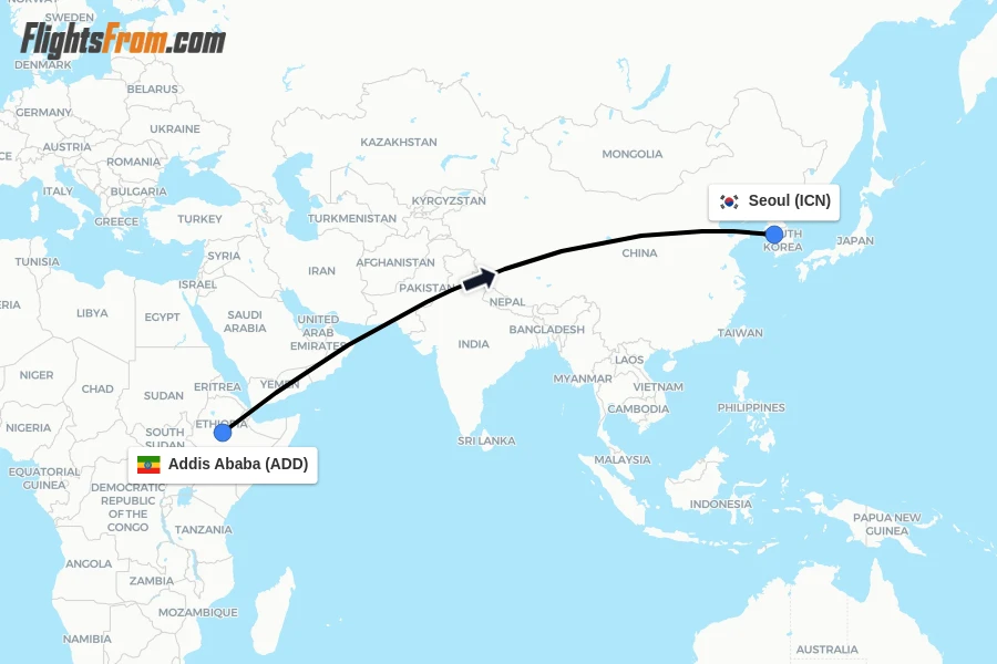 Flights from Addis Ababa to Seoul route map
