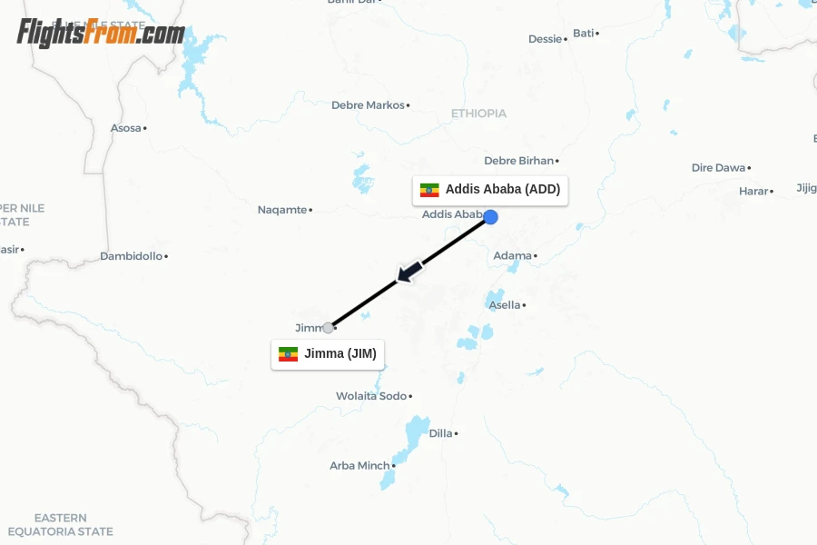 Flights from Addis Ababa to Jimma route map