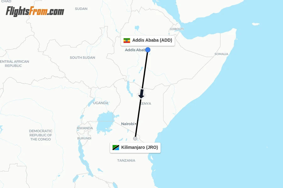 Flights from Addis Ababa to Kilimanjaro route map