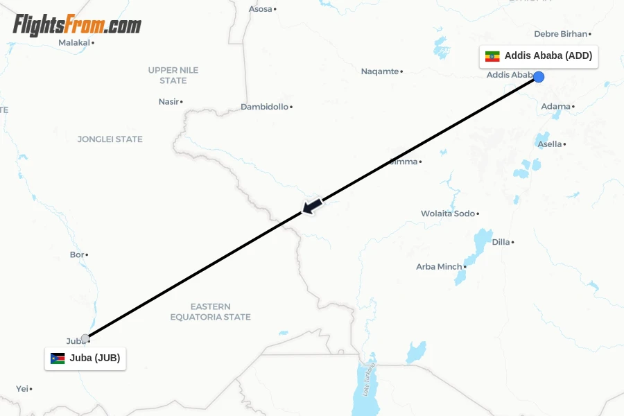 Flights from Addis Ababa to Juba route map