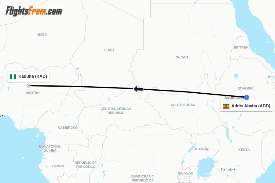 Flights from Addis Ababa to Kaduna route map