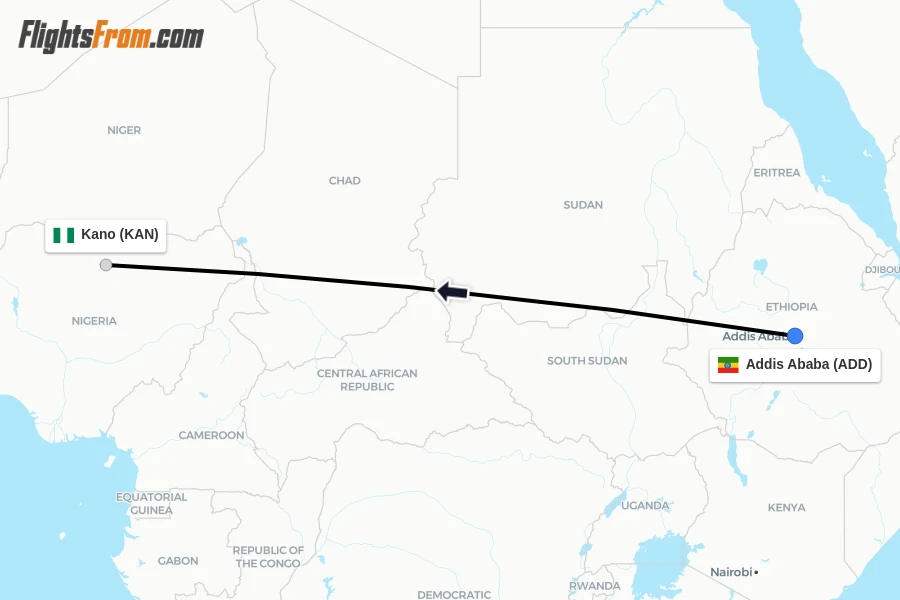 Flights from Addis Ababa to Kano route map