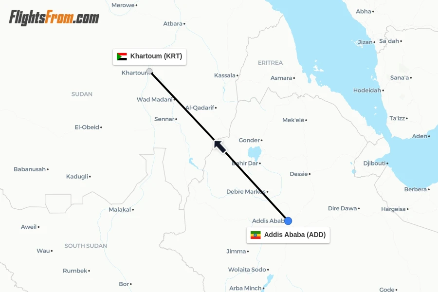 Flights from Addis Ababa to Khartoum route map