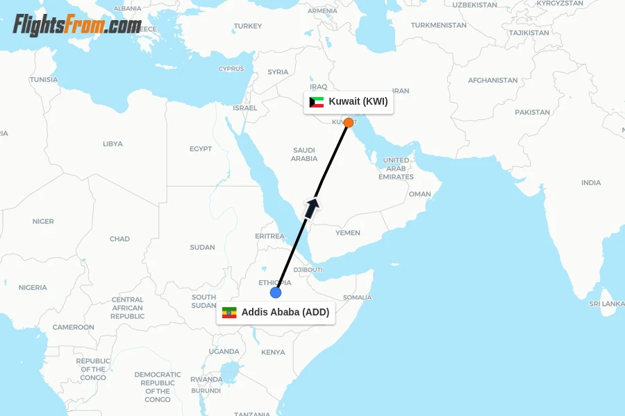 Flights from Addis Ababa to Kuwait route map