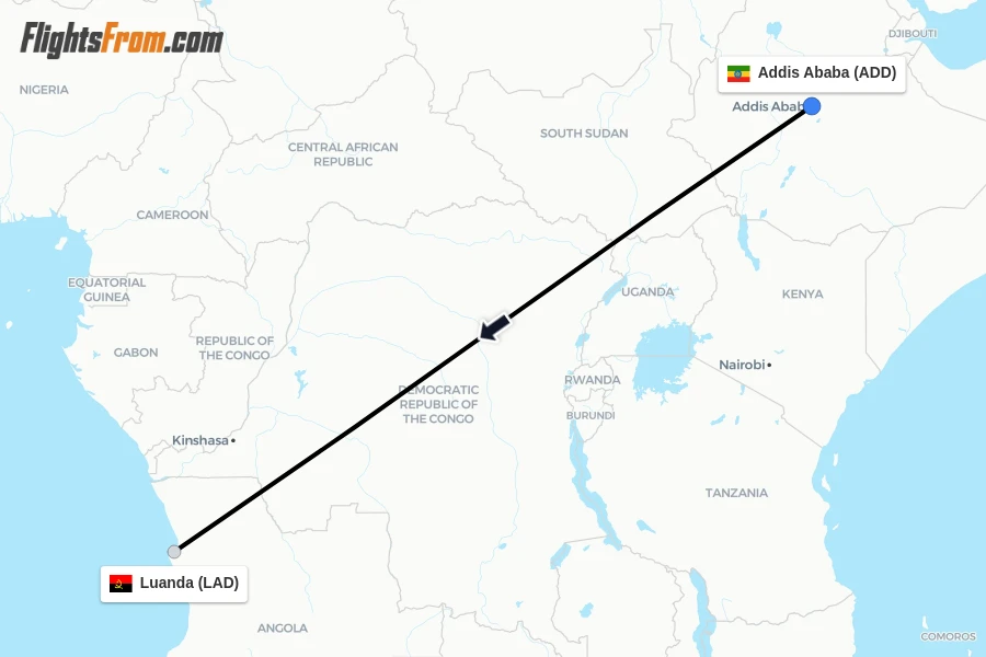 Flights from Addis Ababa to Luanda route map