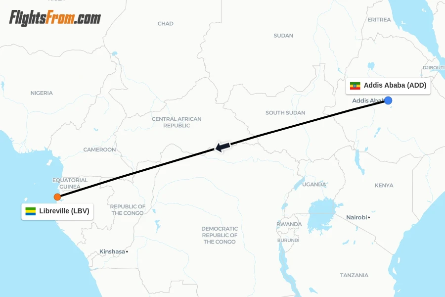 Flights from Addis Ababa to Libreville route map