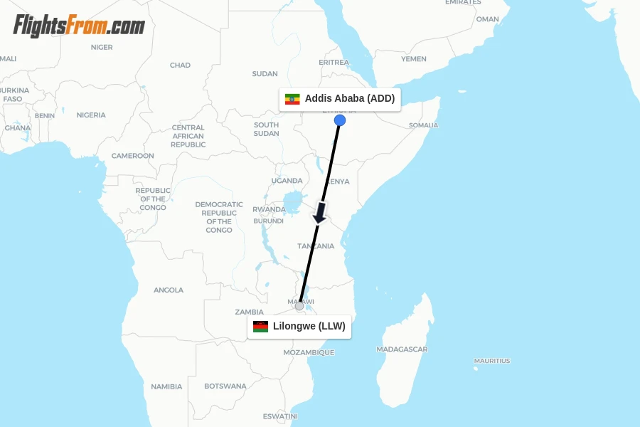 Flights from Addis Ababa to Lilongwe route map