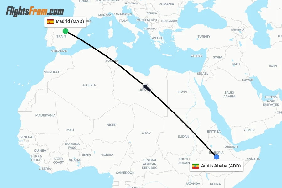 Flights from Addis Ababa to Madrid route map