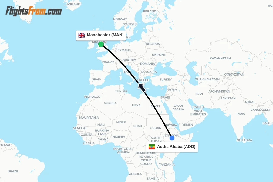 Flights from Addis Ababa to Manchester route map