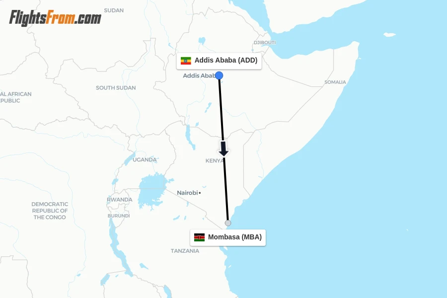 Flights from Addis Ababa to Mombasa route map