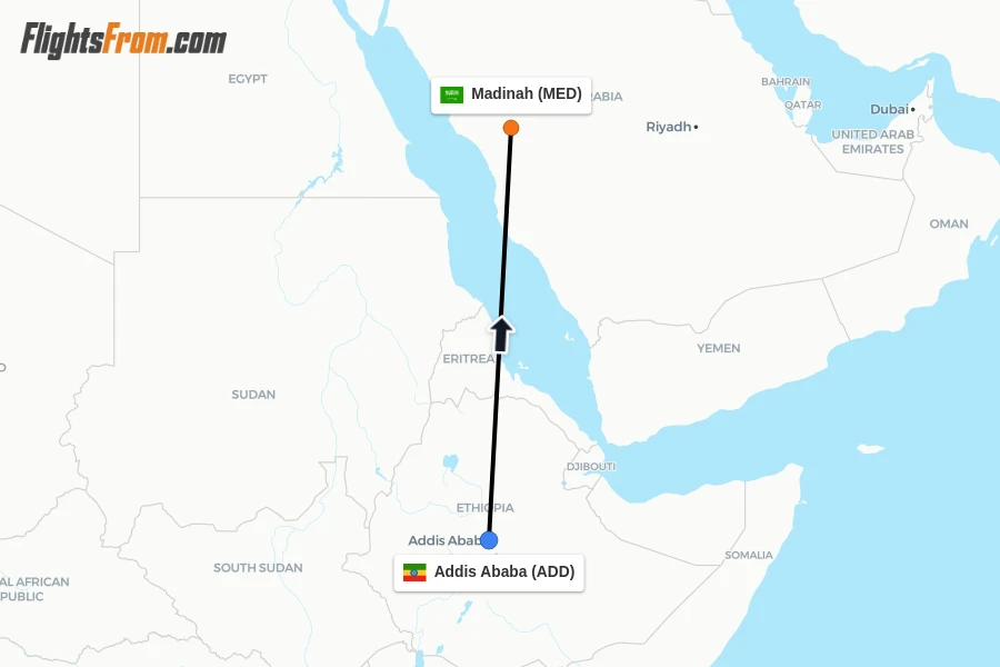 Flights from Addis Ababa to Madinah route map