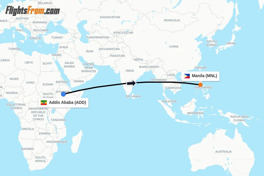 Flights from Addis Ababa to Manila route map