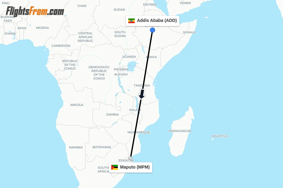 Flights from Addis Ababa to Maputo route map