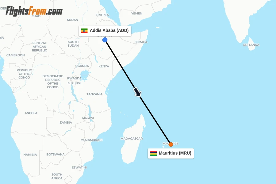 Flights from Addis Ababa to Mauritius route map