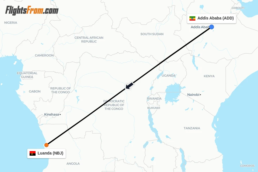 Flights from Addis Ababa to Luanda route map