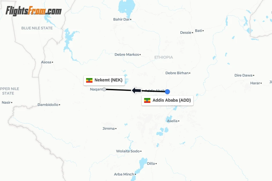 Flights from Addis Ababa to Nekemt route map