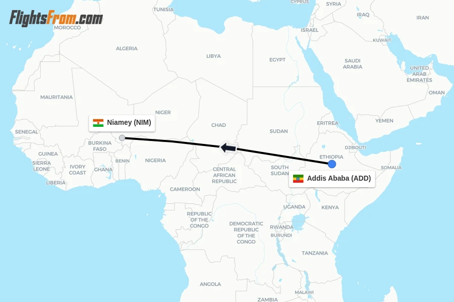 Flights from Addis Ababa to Niamey route map