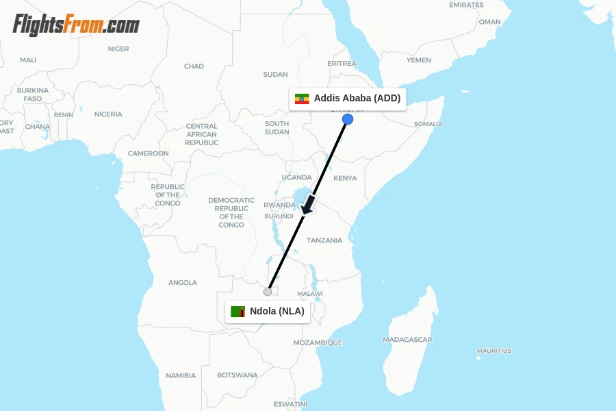 Flights from Addis Ababa to Ndola route map