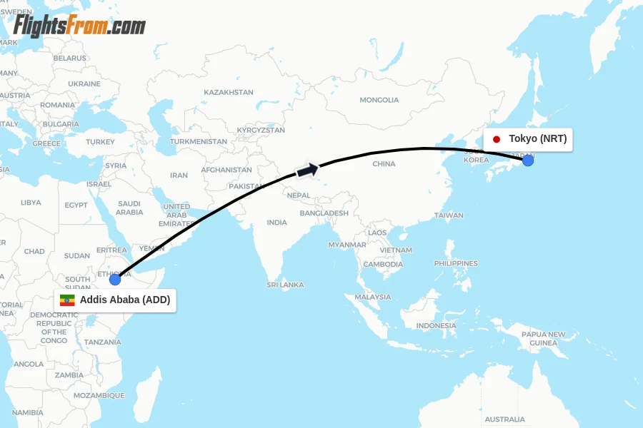 Flights from Addis Ababa to Tokyo route map