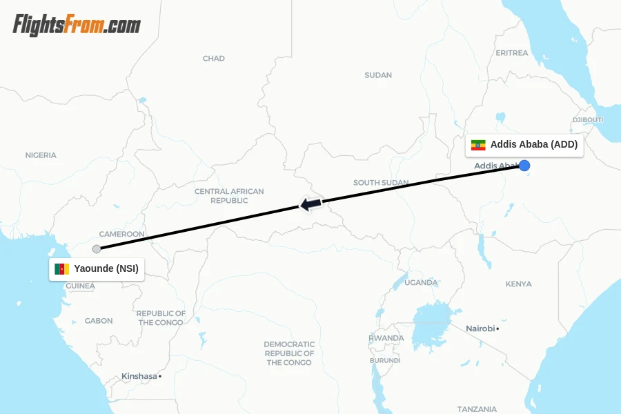 Flights from Addis Ababa to Yaounde route map