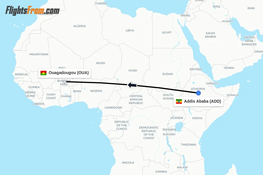 Flights from Addis Ababa to Ouagadougou route map