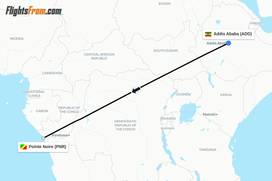Flights from Addis Ababa to Pointe Noire route map