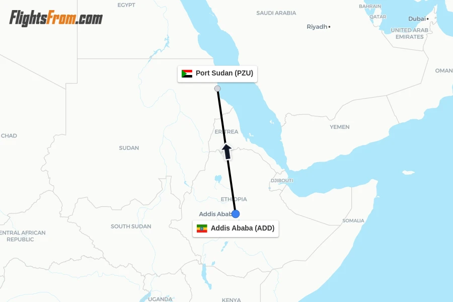 Flights from Addis Ababa to Port Sudan route map
