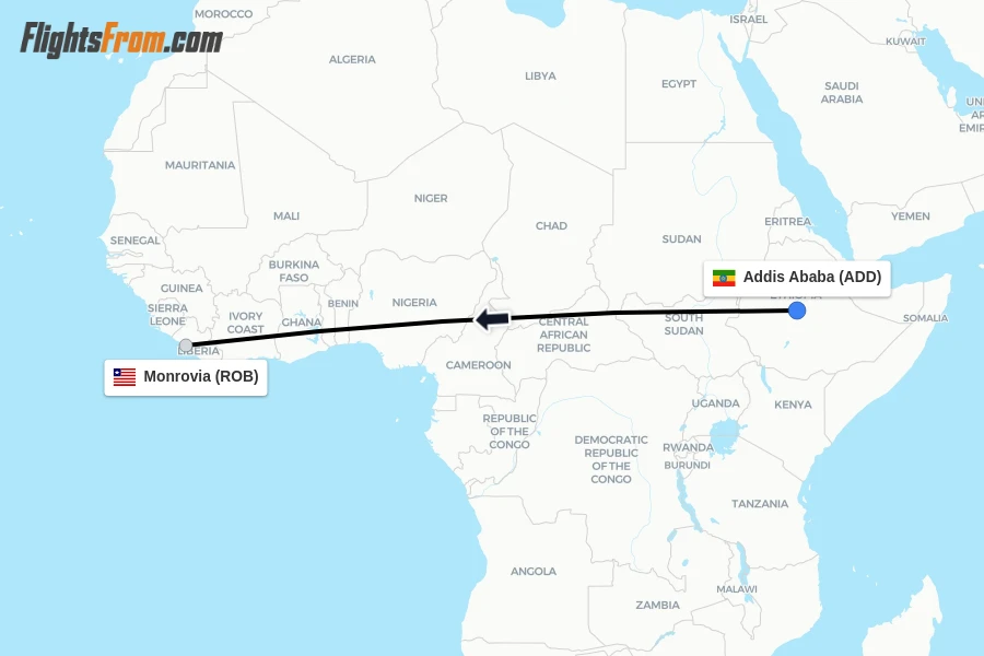 Flights from Addis Ababa to Monrovia route map