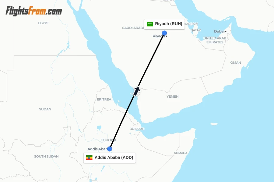 Flights from Addis Ababa to Riyadh route map