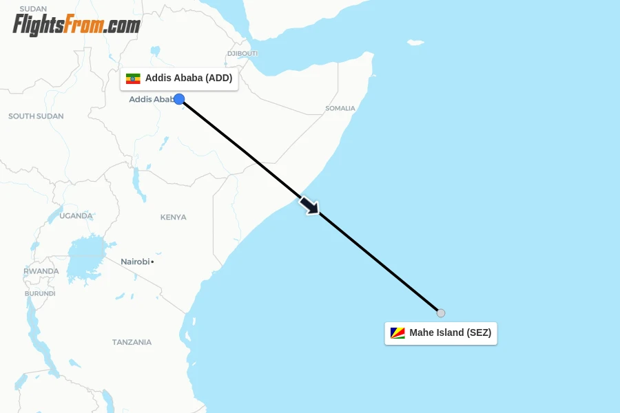 Flights from Addis Ababa to Mahe Island route map