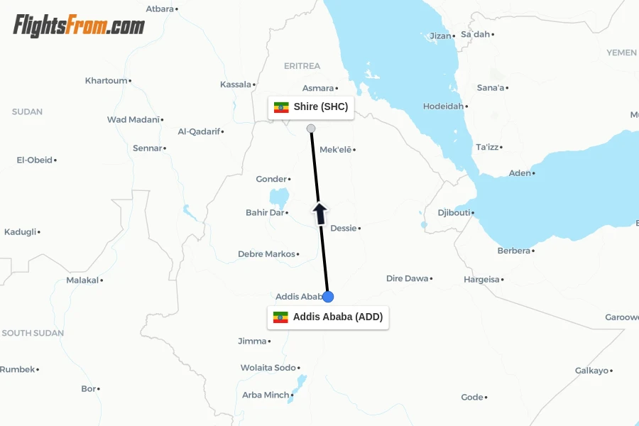 Flights from Addis Ababa to Shire route map