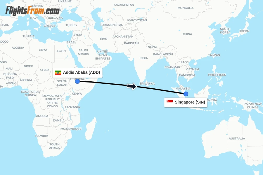 Flights from Addis Ababa to Singapore route map