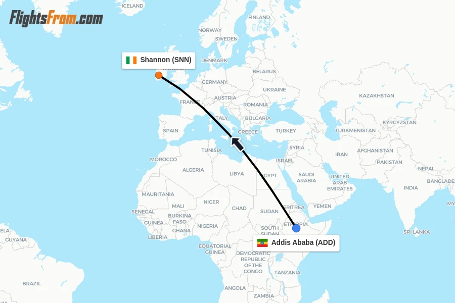 Flights from Addis Ababa to Shannon route map