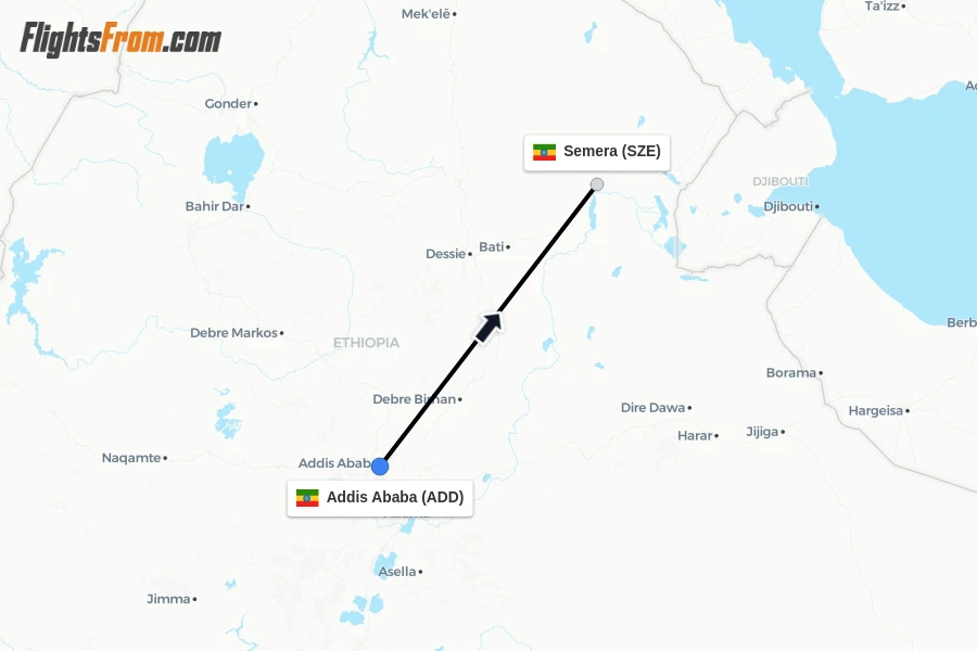 Flights from Addis Ababa to Semera route map